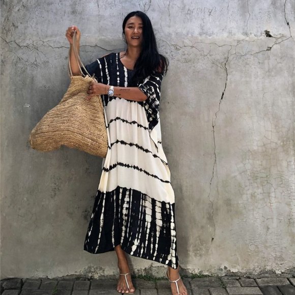 New Boho Tie Dye Kimono Maxi MuMu Tunic Dress Beach Cover-Up Womens - Picture 6 of 11